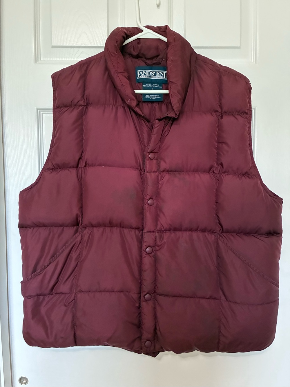 Lands’ End Quilted Goose Down Puffer Vest Snap Front Burgundy Men’s Sz L